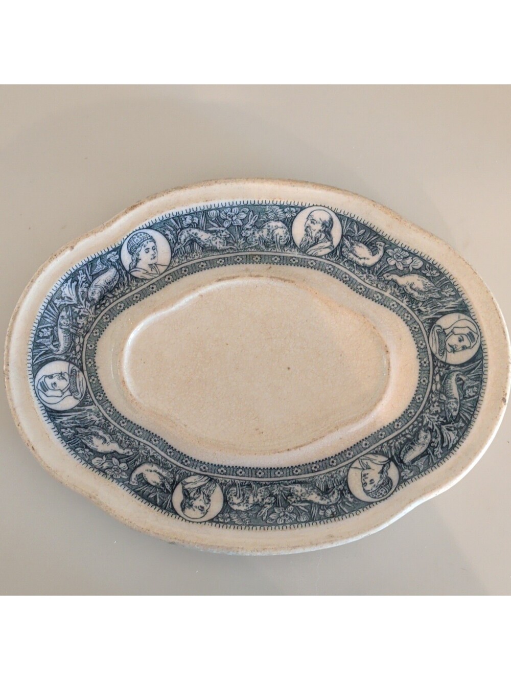 Oval Ceramic Platter IVANHOE Blue Transferware Border Glossy Printed Mark